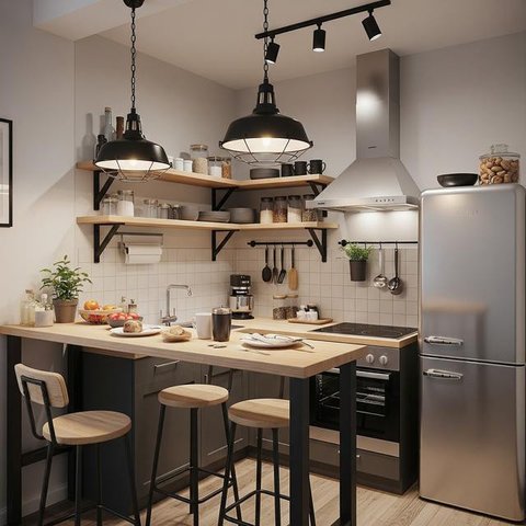 Dapur Kecil dengan Rak Terbuka dan Warna Netral (Image by Gemini AI)