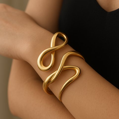 Gelang Cuff Sculptural Abstrak Gelombang / Pola Organik