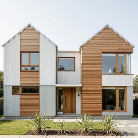 Rumah Minimalis dengan Pintu dan Jendela Beraksen Kayu (Image by Gemini AI)