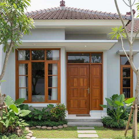 Rumah Minimalis dengan Pintu dan Jendela Beraksen Kayu (Image by Gemini AI)