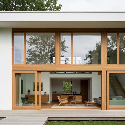 Rumah Minimalis dengan Pintu dan Jendela Beraksen Kayu (Image by Gemini AI)
