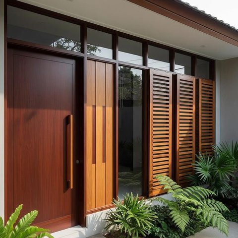 Rumah Minimalis dengan Pintu dan Jendela Beraksen Kayu (Image by Gemini AI)