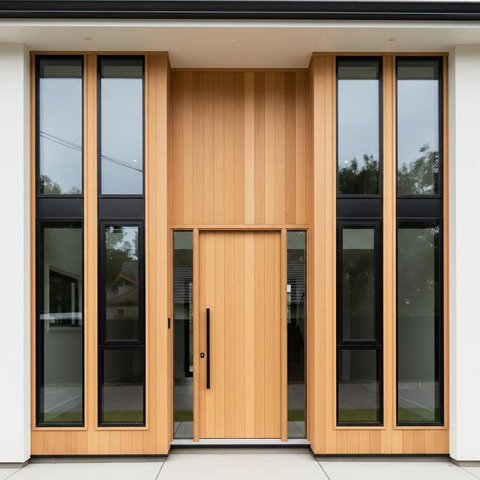 Rumah Minimalis dengan Pintu dan Jendela Beraksen Kayu (Image by Gemini AI)