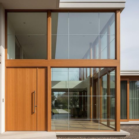 Rumah Minimalis dengan Pintu dan Jendela Beraksen Kayu (Image by Gemini AI)