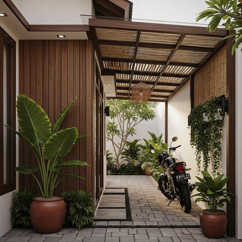 Desain Teras Rumah Sempit Tapi Tetap Muat Motor (AI)