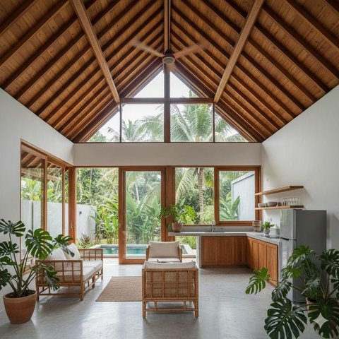 7 Model Rumah Kecil Tapi Luas dengan Atap Kayu Tinggi Bernuansa Alami, Tampilan HangatdanElegan (Foto: Gemini AI)