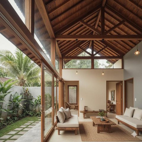 7 Model Rumah Kecil Tapi Luas dengan Atap Kayu Tinggi Bernuansa Alami, Tampilan HangatdanElegan (Foto: Gemini AI)