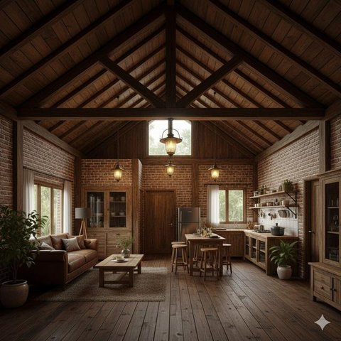 7 Model Rumah Kecil Tapi Luas dengan Atap Kayu Tinggi Bernuansa Alami, Tampilan HangatdanElegan (Foto: Gemini AI)
