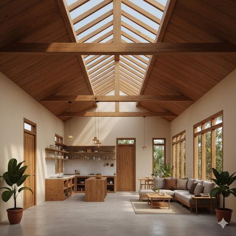 7 Model Rumah Kecil Tapi Luas dengan Atap Kayu Tinggi Bernuansa Alami, Tampilan HangatdanElegan (Foto: Gemini AI)