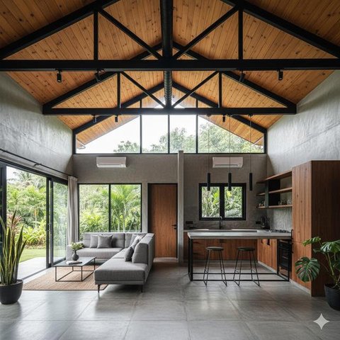 7 Model Rumah Kecil Tapi Luas dengan Atap Kayu Tinggi Bernuansa Alami, Tampilan HangatdanElegan (Foto: Gemini AI)