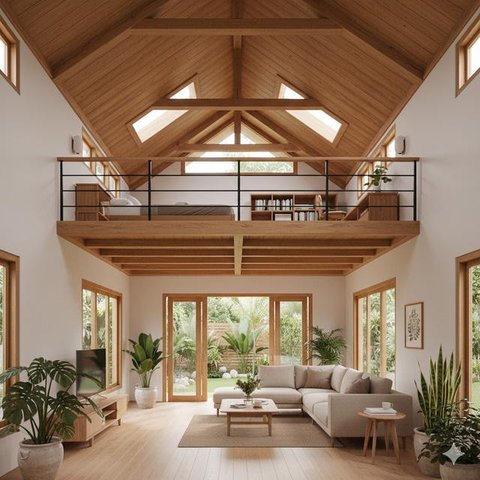 7 Model Rumah Kecil Tapi Luas dengan Atap Kayu Tinggi Bernuansa Alami, Tampilan HangatdanElegan (Foto: Gemini AI)