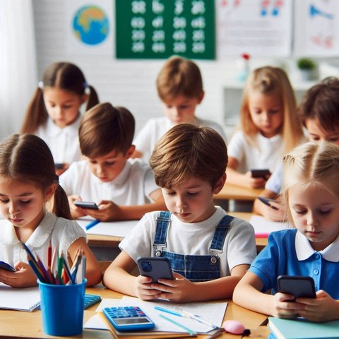 ilustrasi anak sekolah main ponsel di kelas