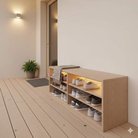 Desain Teras Rumah Sempit tapi Muat Rak Sepatu (created by AI)