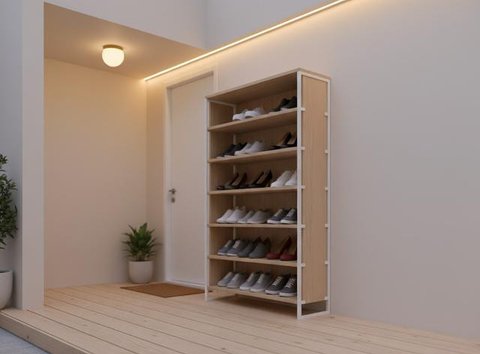 Desain Teras Rumah Sempit tapi Muat Rak Sepatu (created by AI)