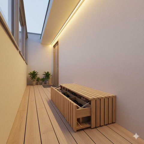 Desain Teras Rumah Sempit tapi Muat Rak Sepatu (created by AI)