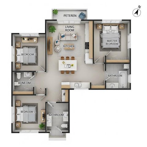 7 Denah Rumah 8x15 m dengan 3 Kamar Tidur untuk Keluarga Muda, Nyaman dan Hemat Ruang (ChatGPT)