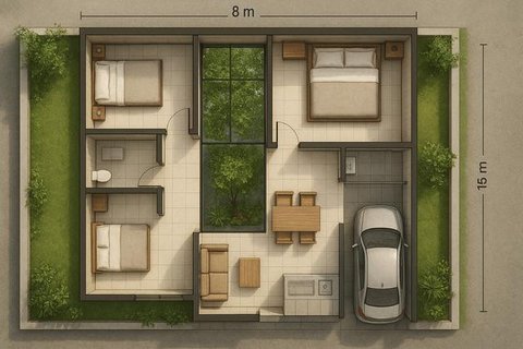 7 Denah Rumah 8x15 m dengan 3 Kamar Tidur untuk Keluarga Muda, Nyaman dan Hemat Ruang (ChatGPT)
