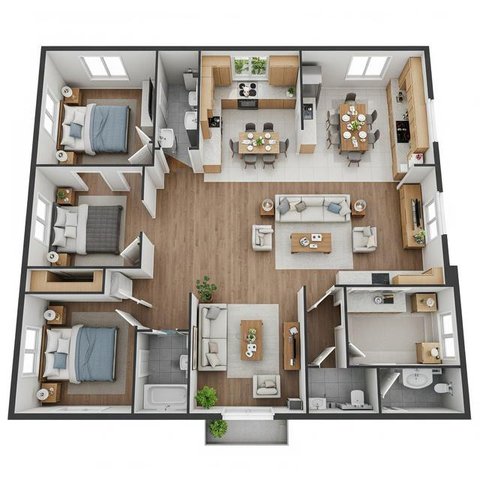 7 Denah Rumah 8x15 m dengan 3 Kamar Tidur untuk Keluarga Muda, Nyaman dan Hemat Ruang (ChatGPT)