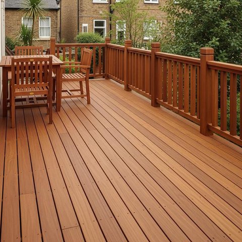 Teras Decking Kayu Klasik yang Hangat/Inspirasi Teras Rumah Luas Bergaya Tropis dengan Lantai Kayu (Sumber: gemini.com)