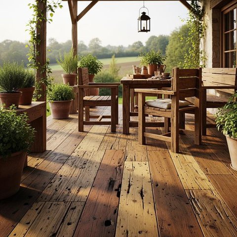 Teras Decking Kayu Klasik yang Hangat/Inspirasi Teras Rumah Luas Bergaya Tropis dengan Lantai Kayu (Sumber: gemini.com)