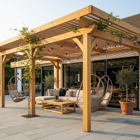 Teras Decking Kayu Klasik yang Hangat/Inspirasi Teras Rumah Luas Bergaya Tropis dengan Lantai Kayu (Sumber: gemini.com)