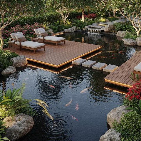 Teras Decking Kayu Klasik yang Hangat/Inspirasi Teras Rumah Luas Bergaya Tropis dengan Lantai Kayu (Sumber: gemini.com)