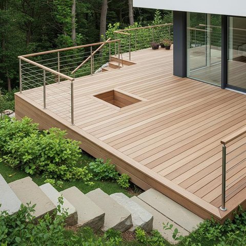 Teras Decking Kayu Klasik yang Hangat/Inspirasi Teras Rumah Luas Bergaya Tropis dengan Lantai Kayu (Sumber: gemini.com)