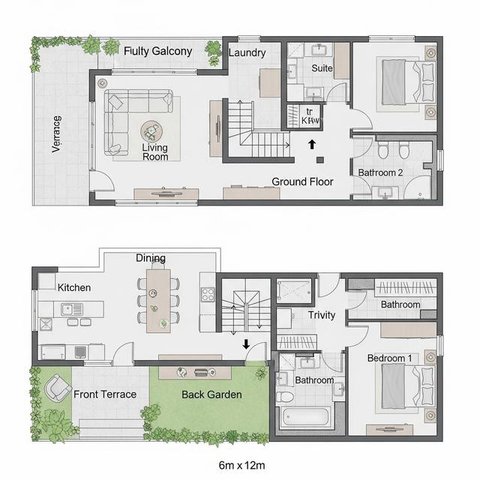 Denah Rumah 2 Lantai Dengan Carport dan Taman (Gemini)