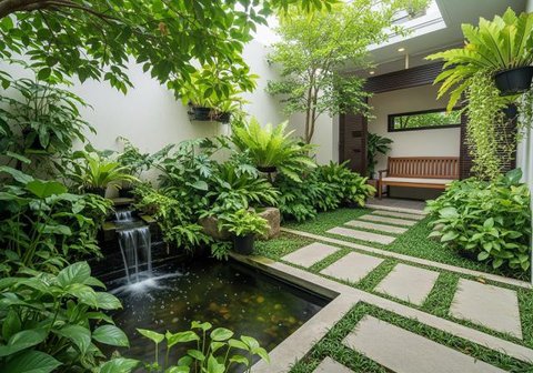 Desain Halaman Belakang Rumah Kecil dengan Lampu Taman Estetik untuk Suasana Romantis