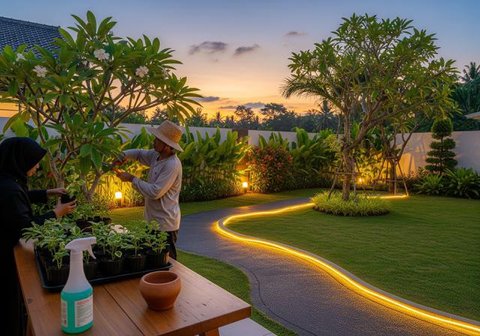 Desain Halaman Belakang Rumah Kecil dengan Lampu Taman Estetik untuk Suasana Romantis