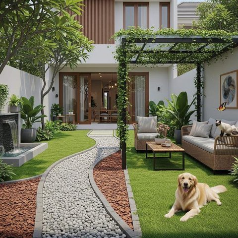 Desain Halaman Belakang Rumah Kecil dengan Lampu Taman Estetik untuk Suasana Romantis