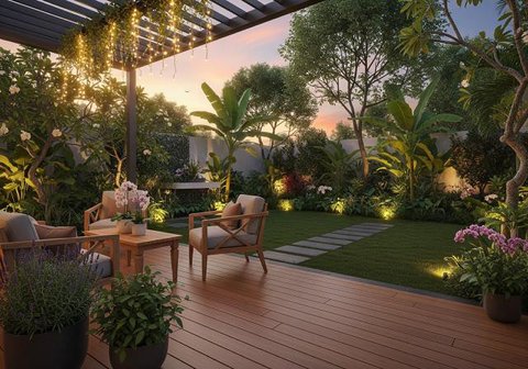 Desain Halaman Belakang Rumah Kecil dengan Lampu Taman Estetik untuk Suasana Romantis
