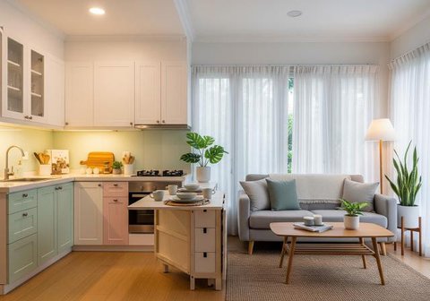 Dapur Warna Biru Pastel yang Tenang/Dapur Sederhana Warna Pastel Ala Korea di Rumah Mungil (Sumber:gemini.com)
