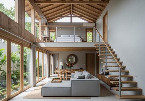 Desain Rumah Mungil Ala Villa dengan Mezzanine (Image by Gemini AI)