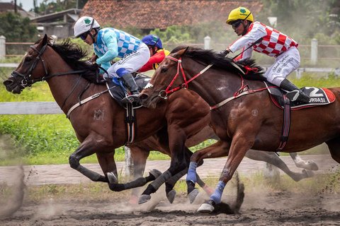 Para joki bertanding pada kejuaraan pacuan kuda nasional tahunan yang memperebutkan piala kerajaan Sultan Hamengku Buwono di arena pacuan kuda Sultan Agung di Bantul, Yogyakarta, Minggu (09/11/2025).