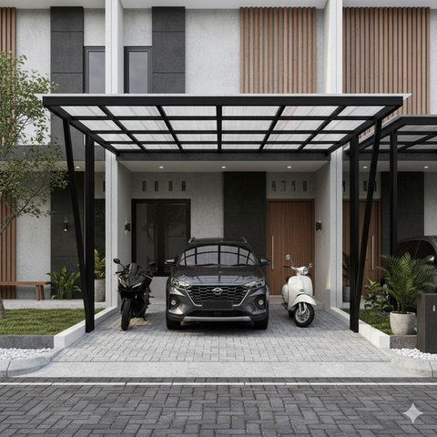 8 Inspirasi Carport Minimalis untuk 1 Mobil 2 Motor di Lahan Sempit, Fungsional dan Rapi di Rumah Modern 2025 (Foto: Gemini AI)