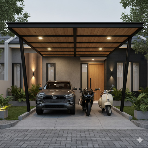 8 Inspirasi Carport Minimalis untuk 1 Mobil 2 Motor di Lahan Sempit, Fungsional dan Rapi di Rumah Modern 2025 (Foto: Gemini AI)