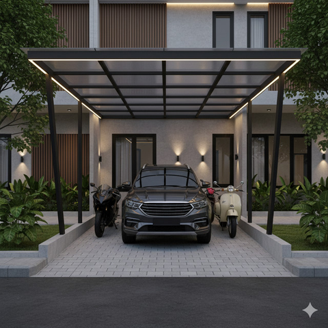 8 Inspirasi Carport Minimalis untuk 1 Mobil 2 Motor di Lahan Sempit, Fungsional dan Rapi di Rumah Modern 2025 (Foto: Gemini AI)