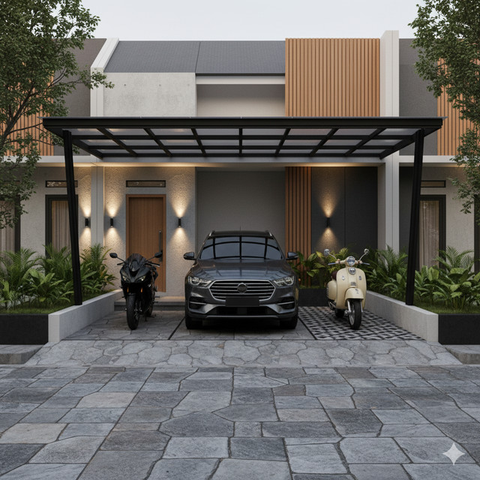8 Inspirasi Carport Minimalis untuk 1 Mobil 2 Motor di Lahan Sempit, Fungsional dan Rapi di Rumah Modern 2025 (Foto: Gemini AI)
