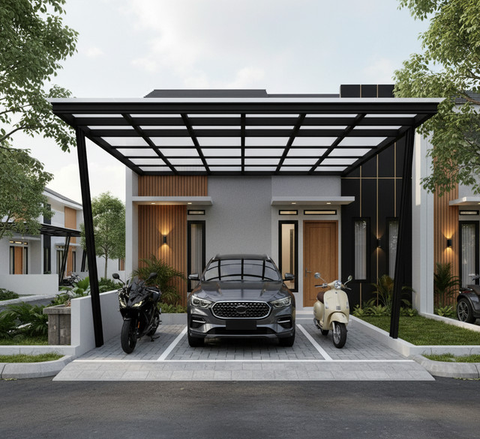 8 Inspirasi Carport Minimalis untuk 1 Mobil 2 Motor di Lahan Sempit, Fungsional dan Rapi di Rumah Modern 2025 (Foto: Gemini AI)