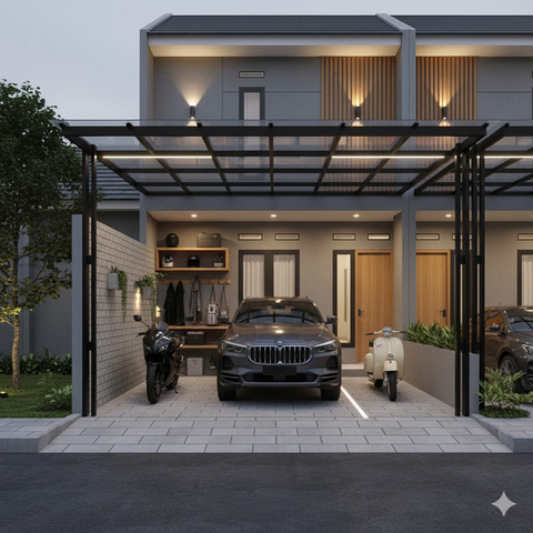 8 Inspirasi Carport Minimalis untuk 1 Mobil 2 Motor di Lahan Sempit, Fungsional dan Rapi di Rumah Modern 2025 (Foto: Gemini AI)