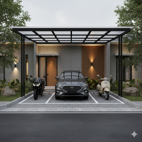 8 Inspirasi Carport Minimalis untuk 1 Mobil 2 Motor di Lahan Sempit, Fungsional dan Rapi di Rumah Modern 2025 (Foto: Gemini AI)