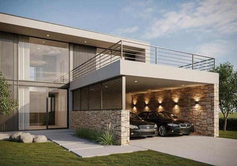 Desain Rumah Minimalis Carport 2 Mobil. Foto: Gemini