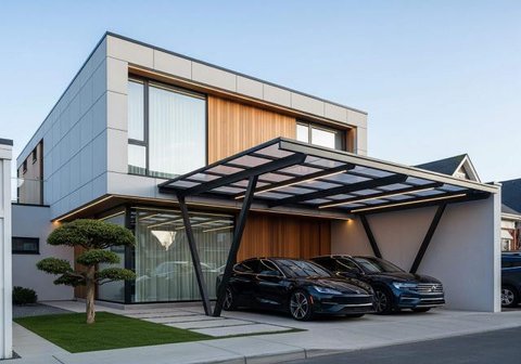 Desain Rumah Minimalis Carport 2 Mobil. Foto: Gemini