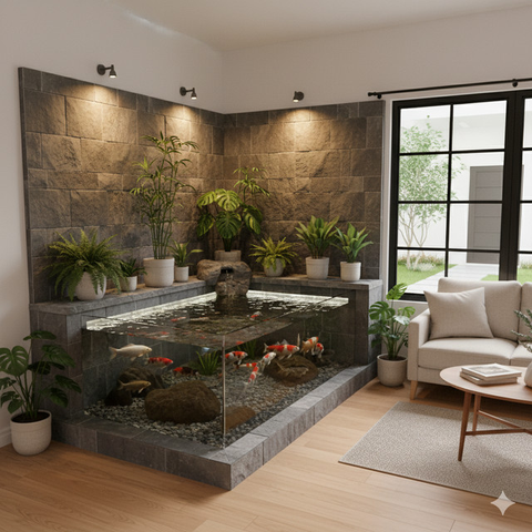 Desain Rumah Kecil dengan Kolam Koi Indoor (Foto: Gemini AI)