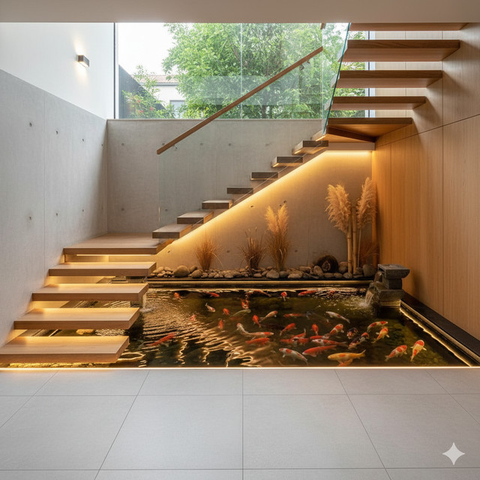 Desain Rumah Kecil dengan Kolam Koi Indoor (Foto: Gemini AI)
