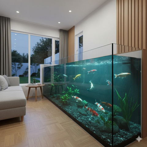 Desain Rumah Kecil dengan Kolam Koi Indoor (Foto: Gemini AI)