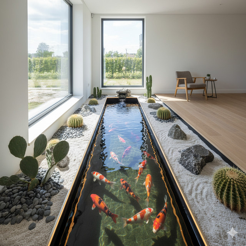 Desain Rumah Kecil dengan Kolam Koi Indoor (Foto: Gemini AI)
