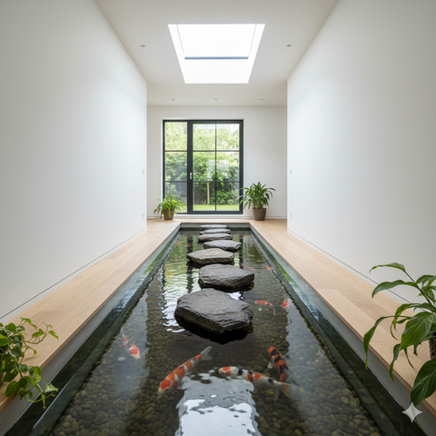 Desain Rumah Kecil dengan Kolam Koi Indoor (Foto: Gemini AI)