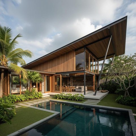 Rumah Minimalis Bentuk L Tampak Depan dengan Sentuhan Modern Tropis